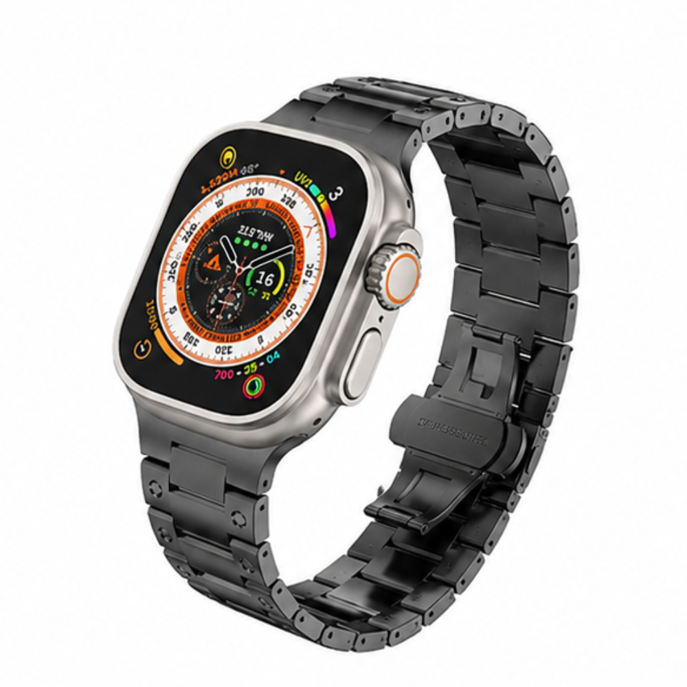 Angled front view of Apple Watch Ultra with black stainless steel three-link metal band displaying an orange circular watch face on a white background
