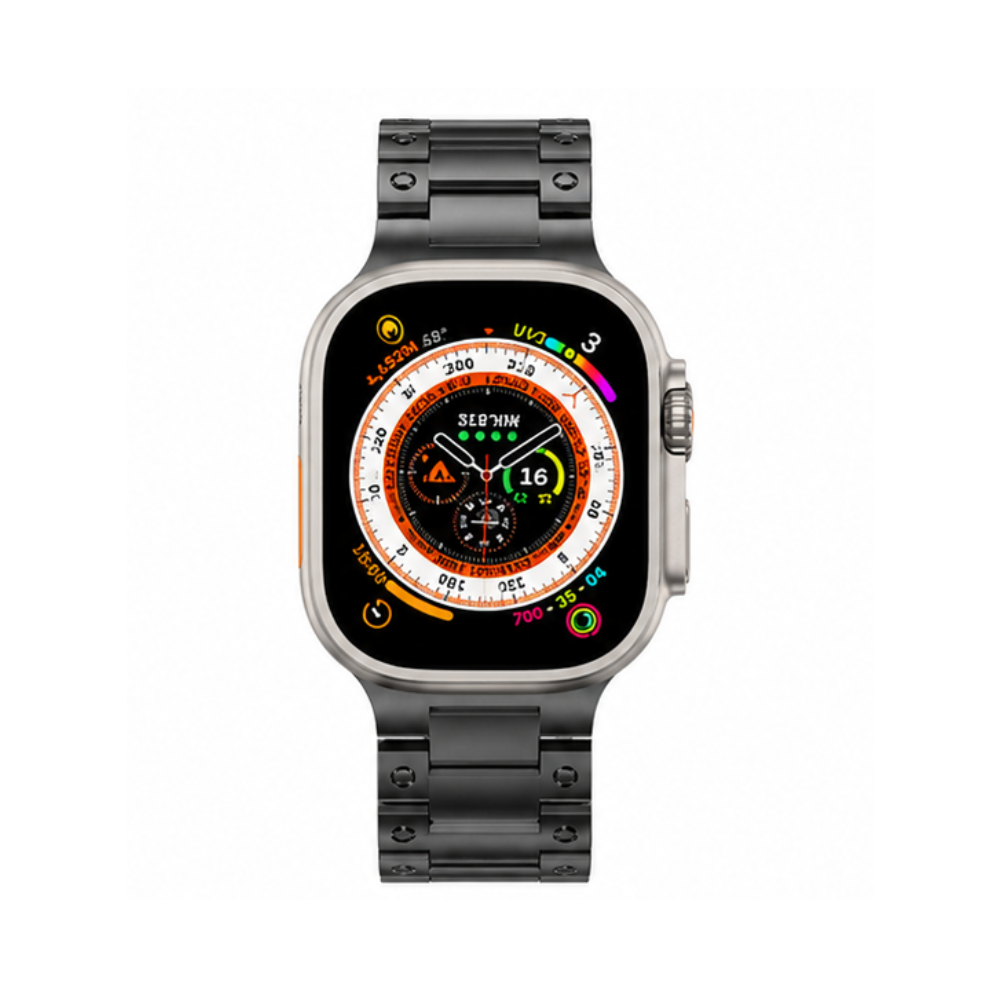 Front view of Apple Watch Ultra with black stainless steel three-link metal band, displaying an orange circular watch face on a white background