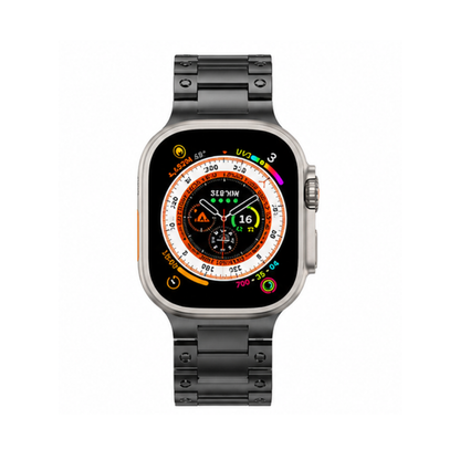 Front view of Apple Watch Ultra with black stainless steel three-link metal band, displaying an orange circular watch face on a white background