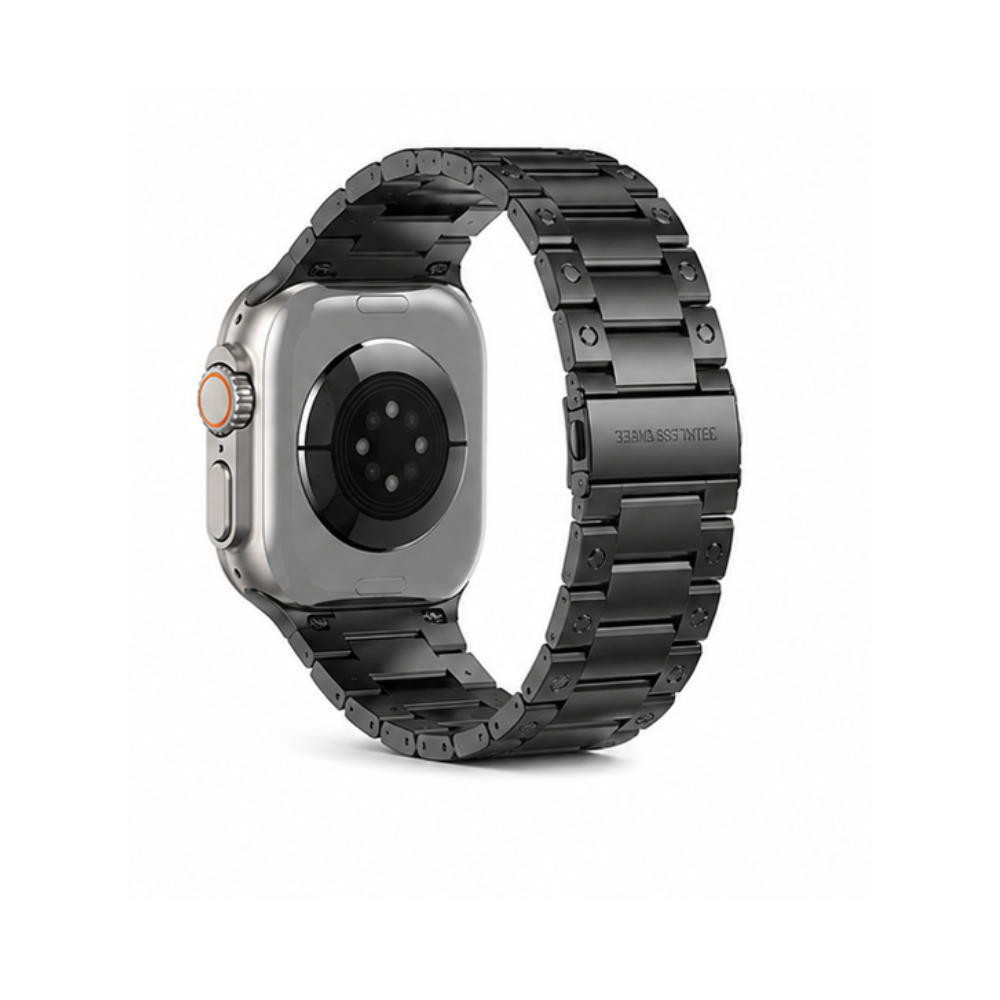 Rear view of Apple Watch Ultra with black stainless steel three-link metal band showing the back sensors and band attachment on a white background