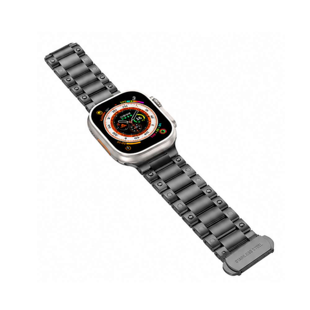 Side profile view of Apple Watch Ultra with black stainless steel three-link metal band on a white background, highlighting the band and case thickness