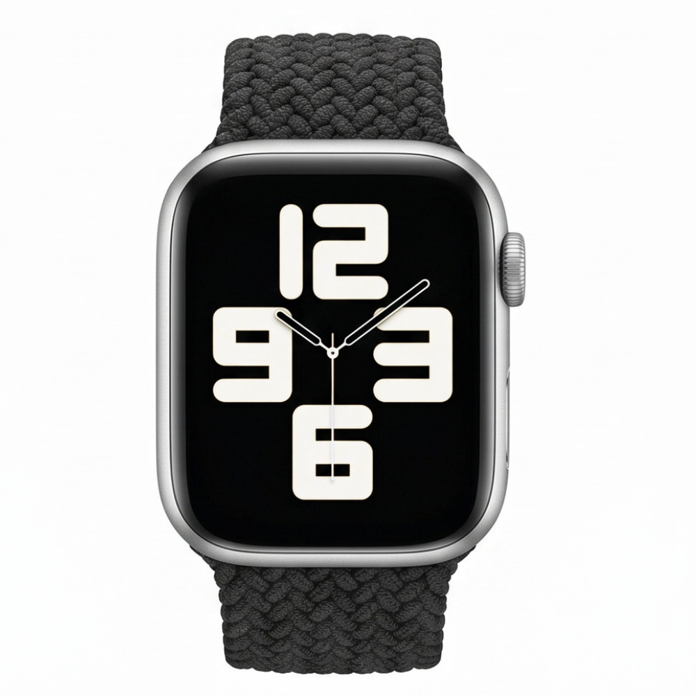 Black smartwatch with digital display showing time and health metrics, featuring minimalist design and sport band