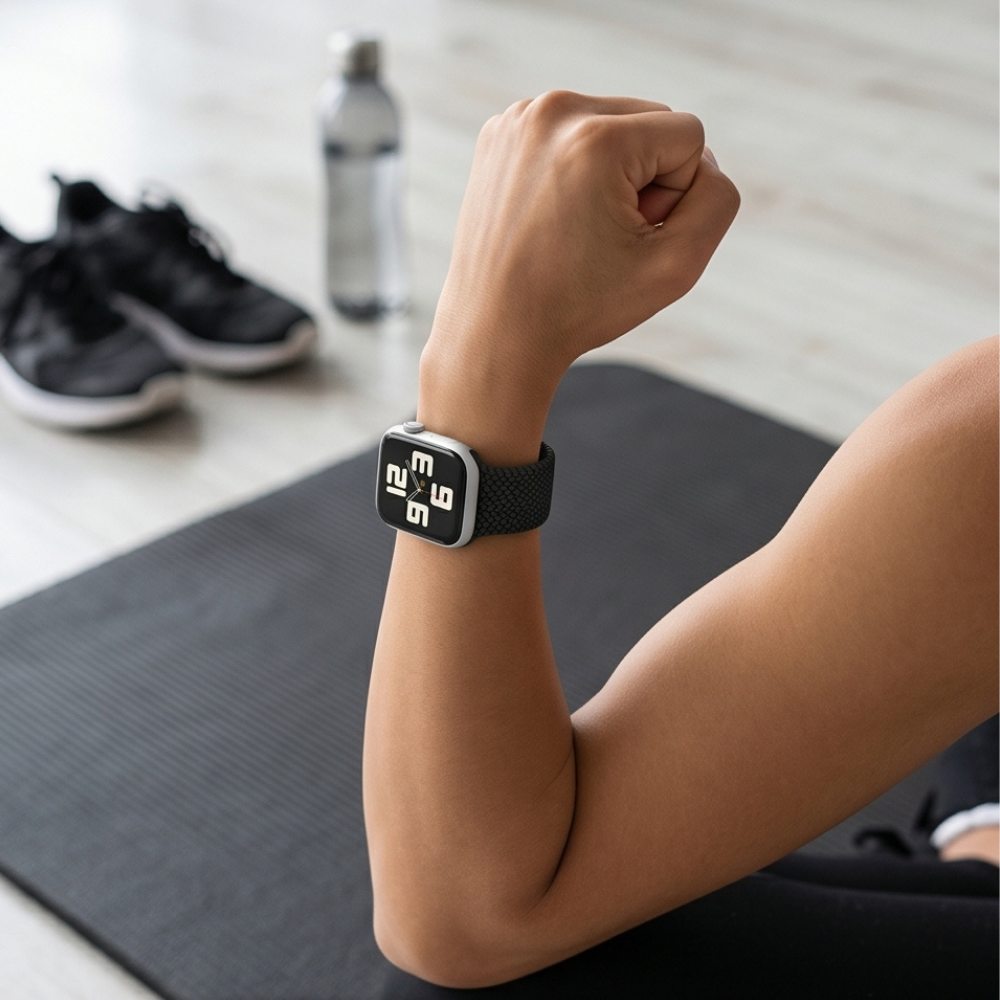 Black sport smartwatch band worn on wrist during daily activities, showcasing comfortable fit and practical functionality