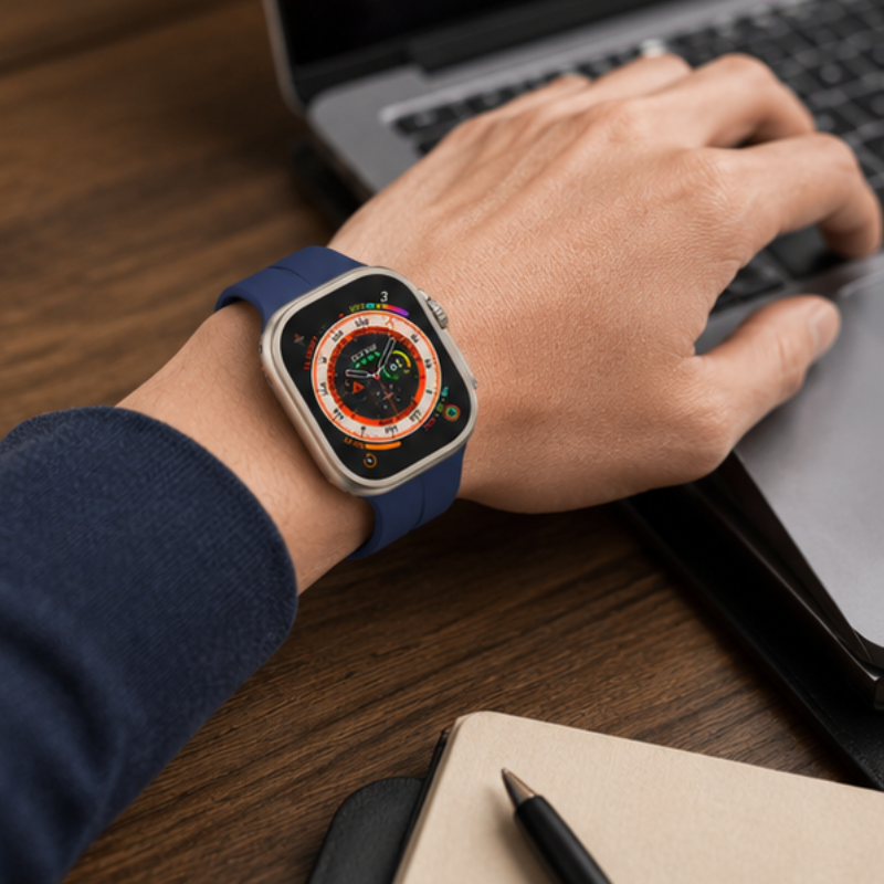 Person in a navy blue sweater wearing Apple Watch Ultra with navy blue silicone sport band while using a laptop at a wooden desk