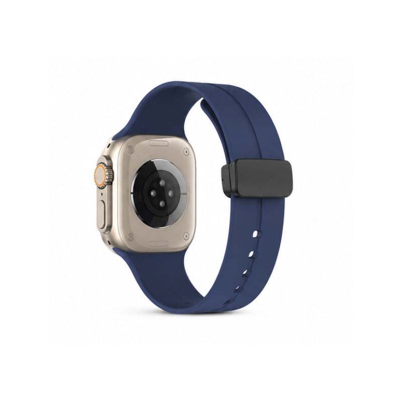Front product view of standard Apple Watch with navy blue silicone sport band on a white background