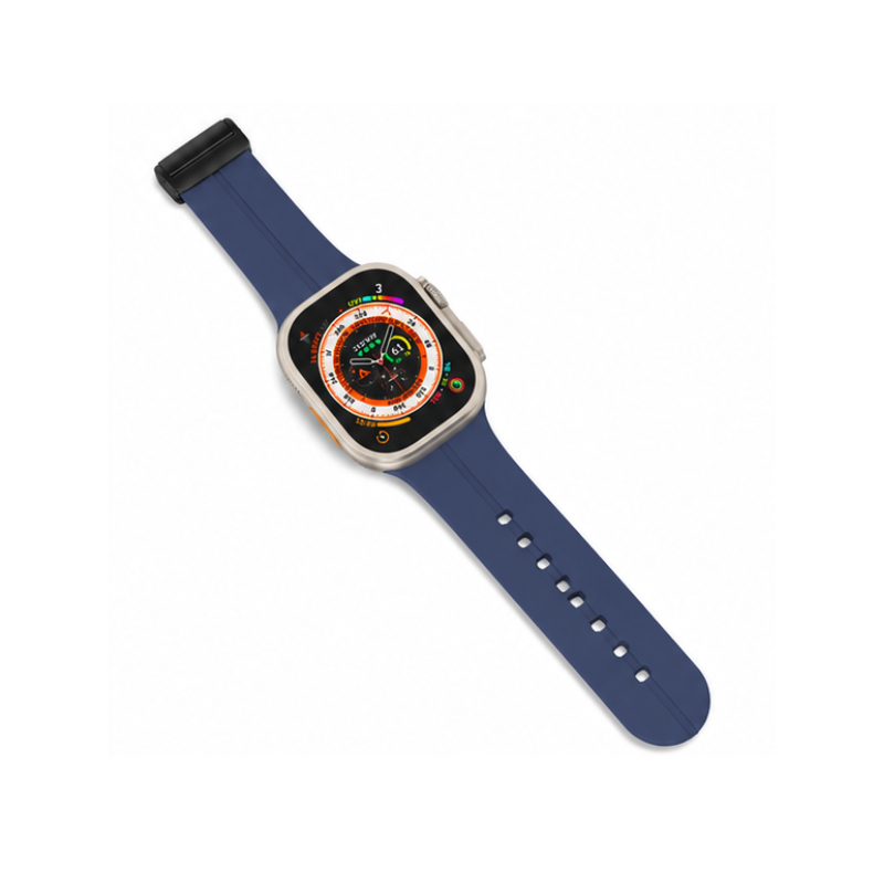 Side profile product view of Apple Watch with detached navy blue silicone sport band on a white background, showing band pin details