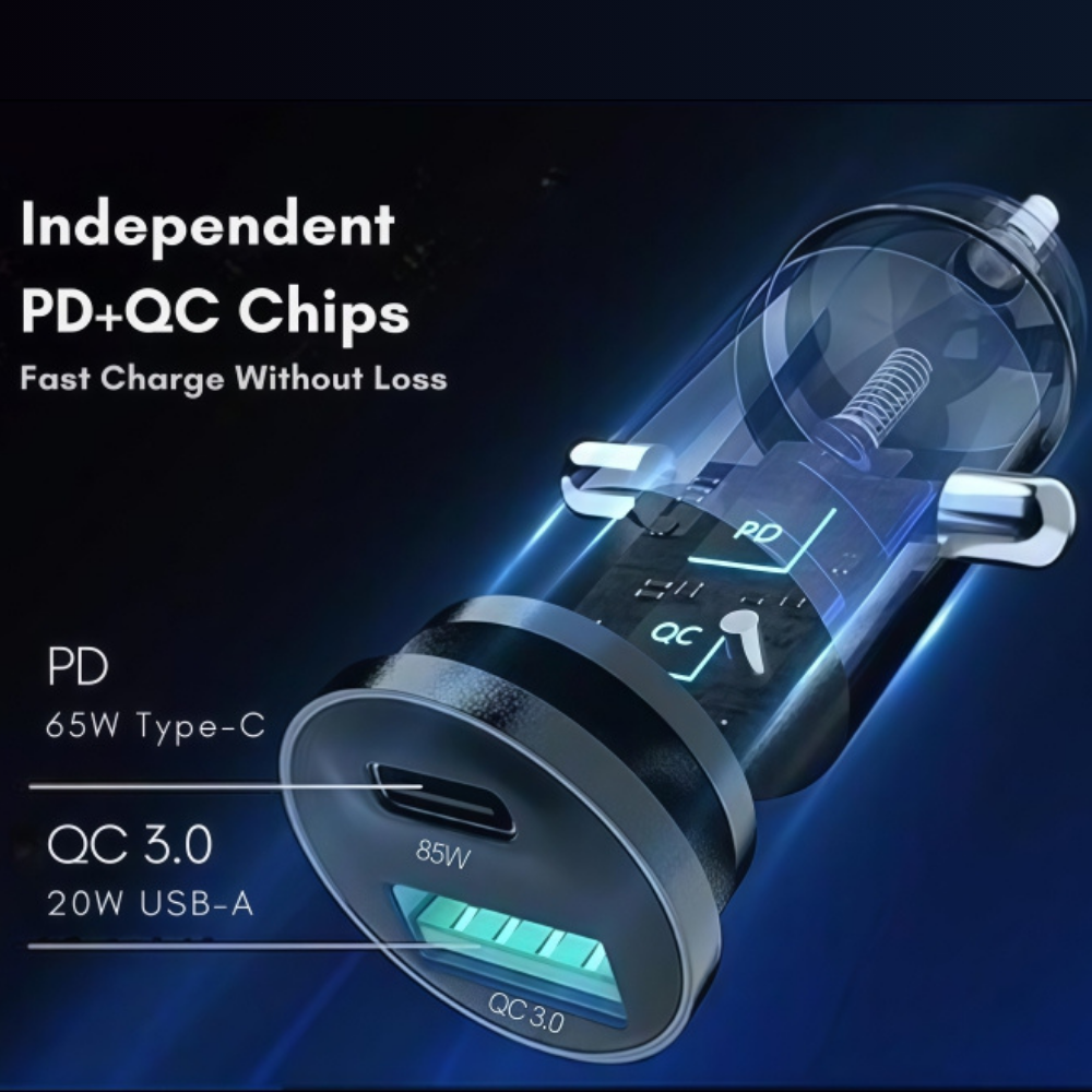 85W dual port car charging adapter with compact design, suitable for all vehicles – available at GrunX