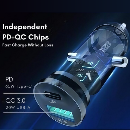 85W dual port car charging adapter with compact design, suitable for all vehicles – available at GrunX