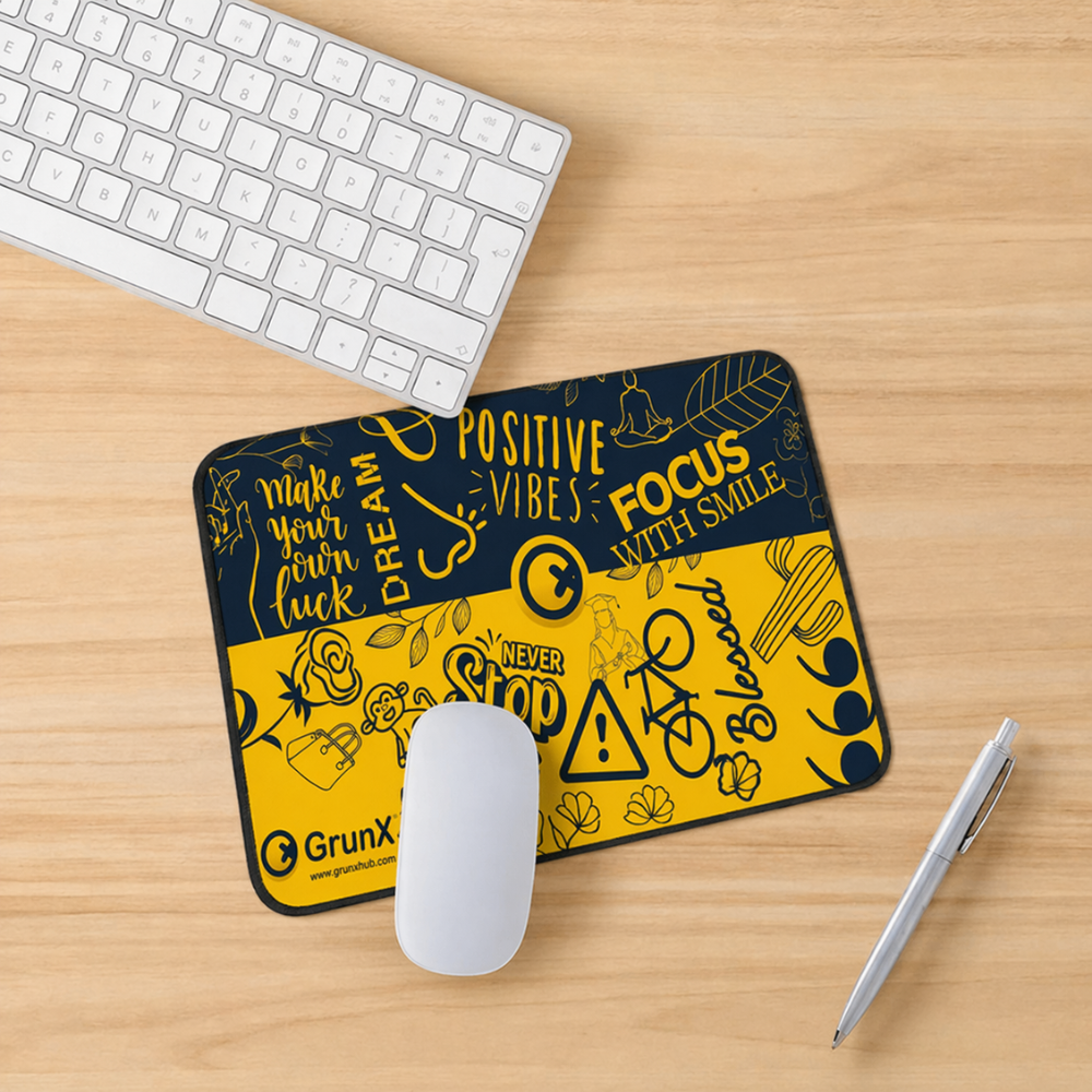 GRUNX Swift gaming mouse pad flat lay with Logitech wireless mouse on Indian student gaming setup