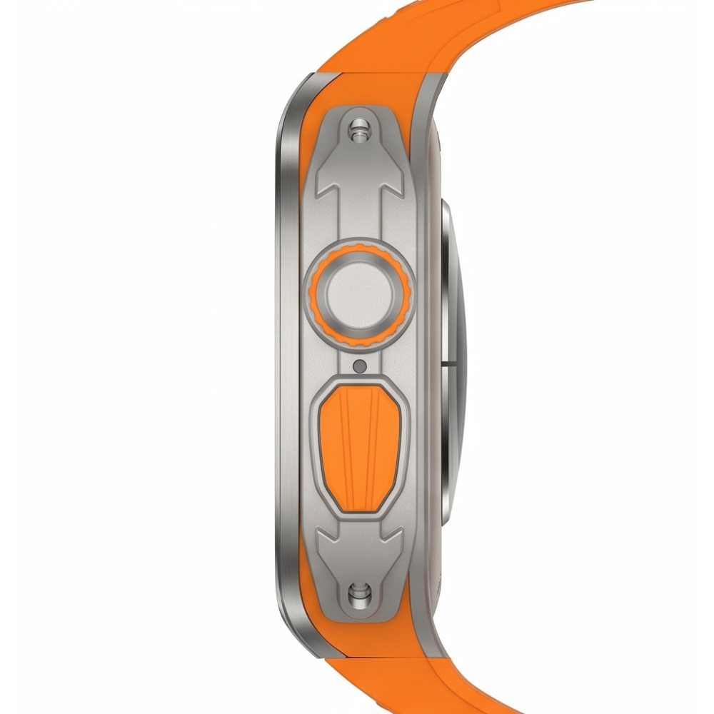 Side profile product view of Apple Watch Ultra with titanium protective case mod kit and orange rubber sport band on a white background, highlighting the case thickness and crown detail