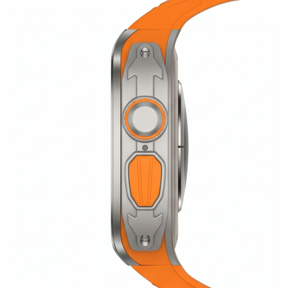 Side profile product view of Apple Watch Ultra with titanium protective case mod kit and orange rubber sport band on a white background, highlighting the case thickness and crown detail