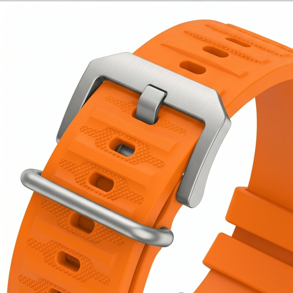 Close-up of the orange rubber sport band with titanium buckle clasp hardware detail on a white background