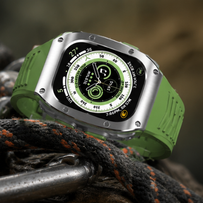 Close-up of Apple Watch Ultra with olive green rubber band displaying a compass watch face, resting on a rope