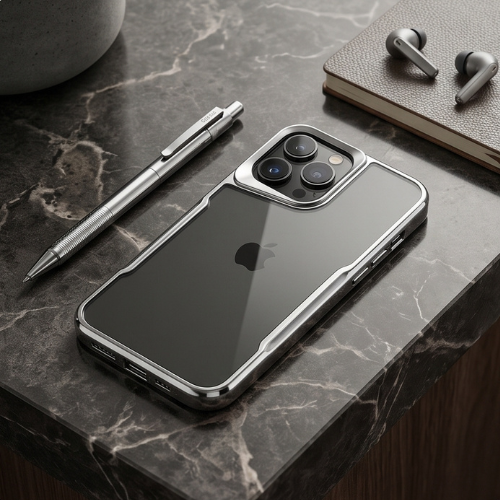 Clear iPhone case with metal frame displayed on marble desk with pen, wireless earbuds, and ceramic bowl in minimalist workspace