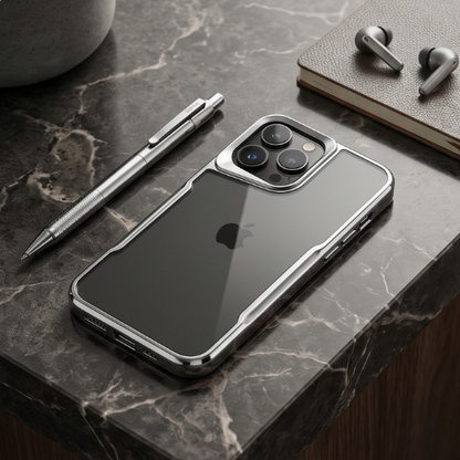 Clear iPhone case with metal frame displayed on marble desk with pen, wireless earbuds, and ceramic bowl in minimalist workspace