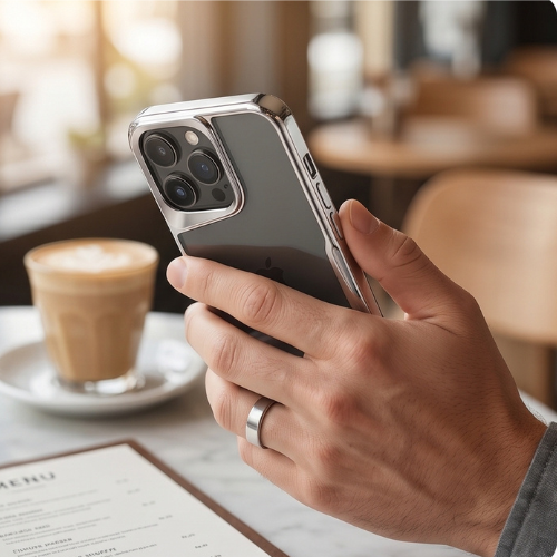 Clear transparent iPhone case with silver metal frame held in hand at coffee shop, showing protective camera lens design
