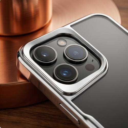 Close-up of clear iPhone case with metal frame and protective camera ring, showcasing multi-lens protection on warm-toned surface