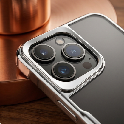 Close-up of clear iPhone case with metal frame and protective camera ring, showcasing multi-lens protection on warm-toned surface