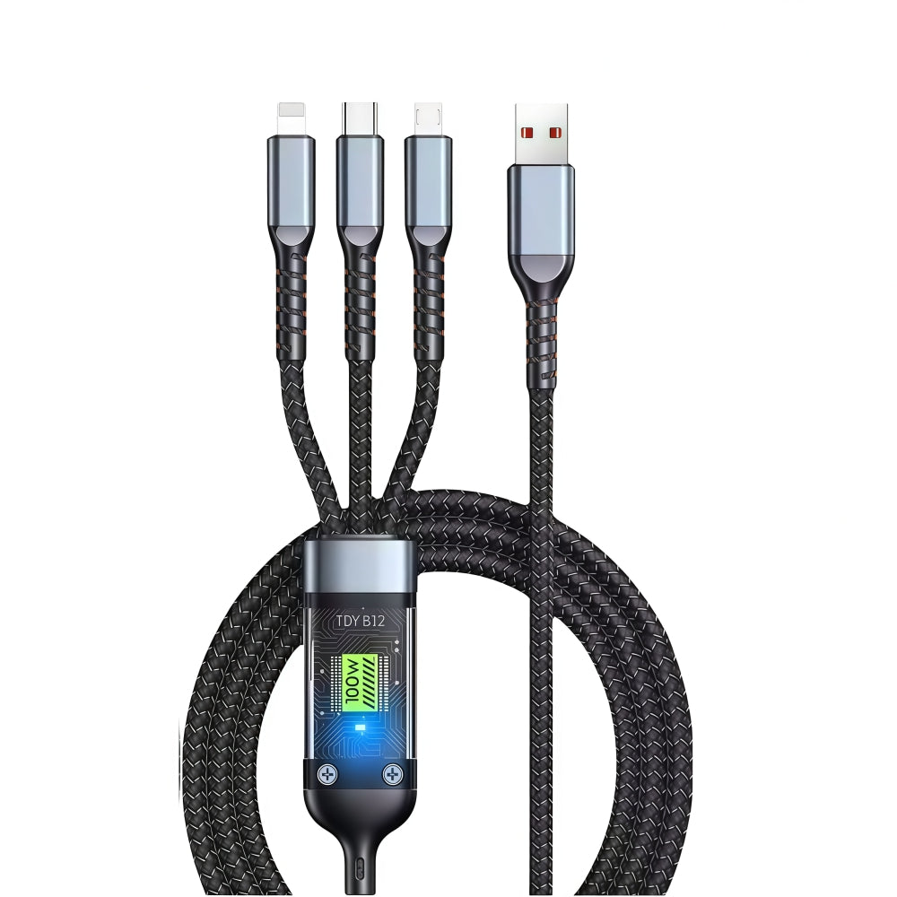 3-in-1 LED display fast charging cable with Type-C, Lightning and Micro USB connectors – available at GrunX