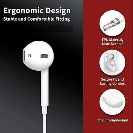 Wired earbuds with Lightning connector showing ergonomic in-ear design, TPU gold-plated plug, secure ear fit, and lightweight 11g build