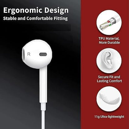 Wired earbuds with Lightning connector showing ergonomic in-ear design, TPU gold-plated plug, secure ear fit, and lightweight 11g build