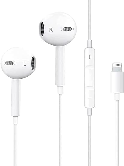 White wired in-ear headphones with Lightning connector, built-in microphone, and volume control buttons for iPhone
