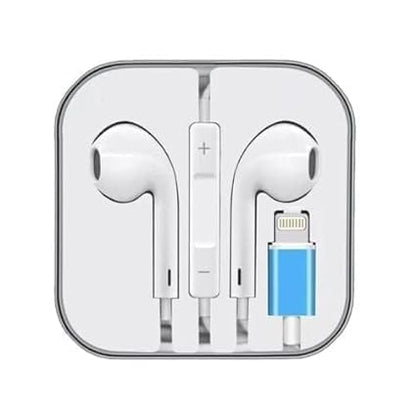 iPhone Lightning earbuds with mic and volume remote, shown coiled in retail packaging box
