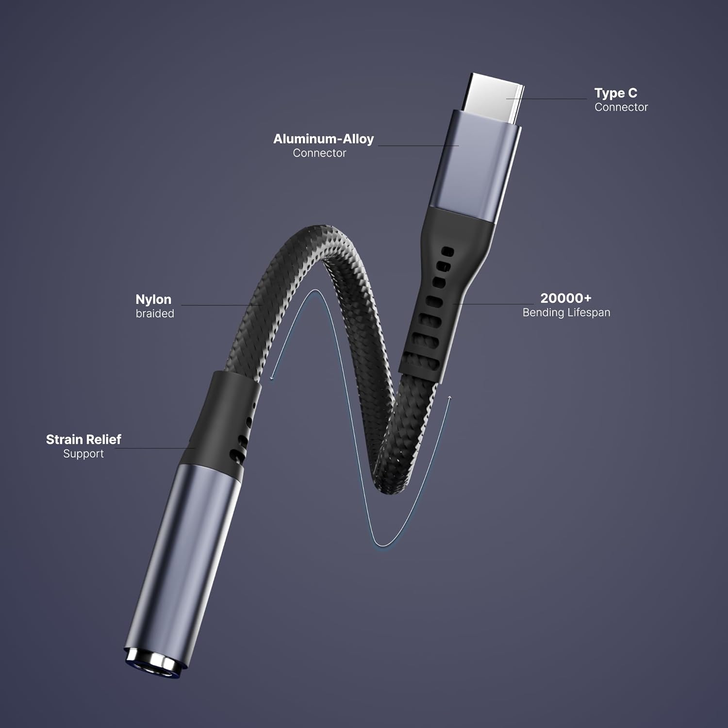 USB-C to 3.5mm audio adapter with aluminum alloy connector, nylon braided cable, and strain relief support rated for 20000 plus bends