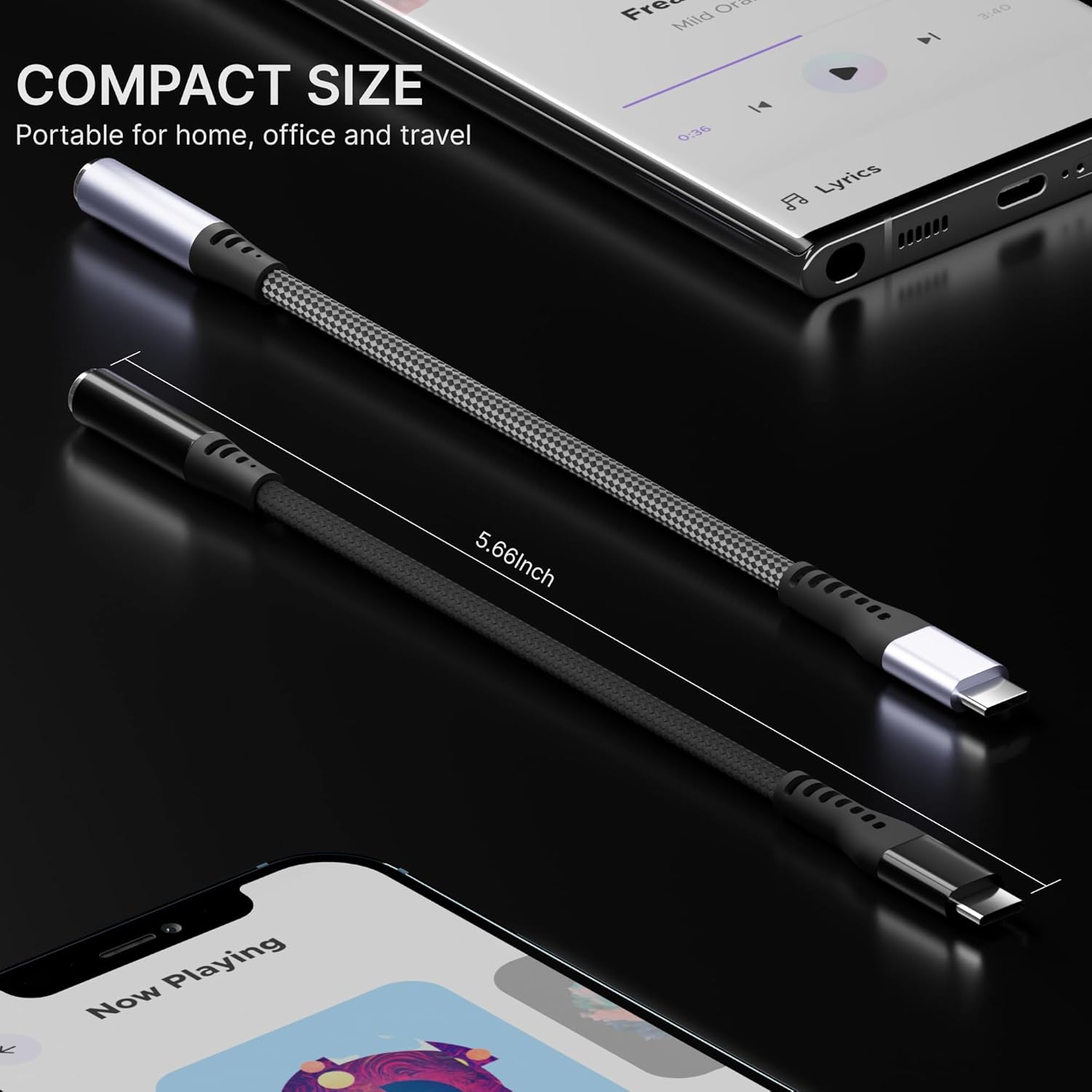 USB-C to 3.5mm audio adapter compact size 5.66 inch cable portable for home, office, and travel