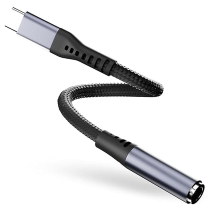 USB-C to 3.5mm audio adapter black nylon braided cable with aluminum alloy connectors on white background