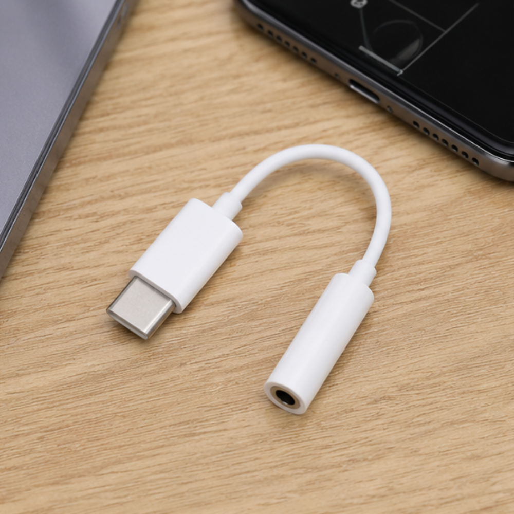 White USB-C to 3.5mm audio adapter plugged into a smartphone on a wooden surface