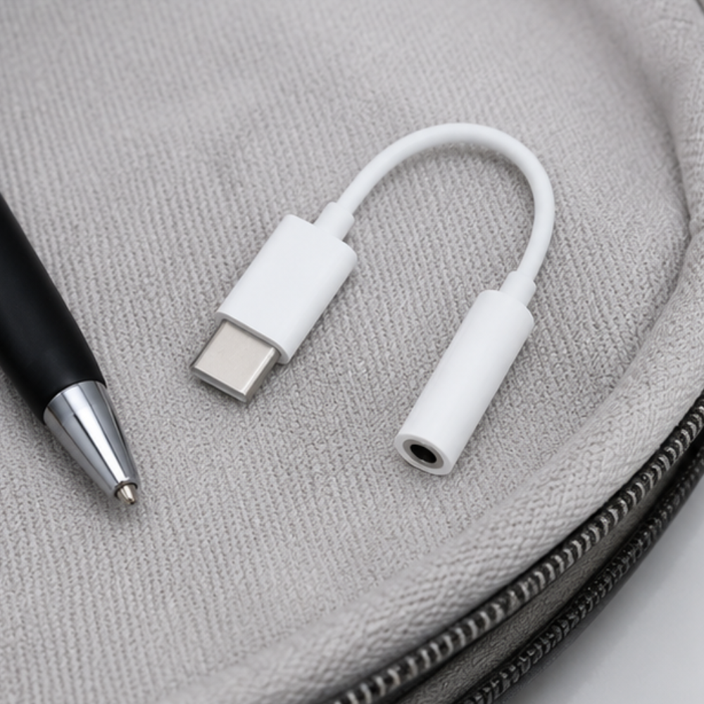 White USB-C to 3.5mm audio adapter placed on a grey fabric pouch