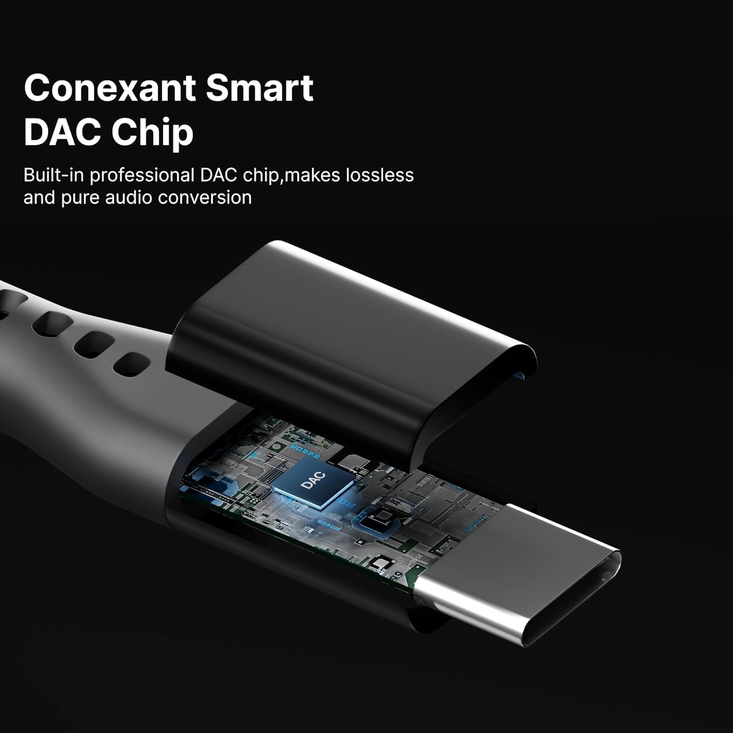 USB-C to 3.5mm audio adapter with Conexant Smart DAC chip for lossless and pure audio conversion