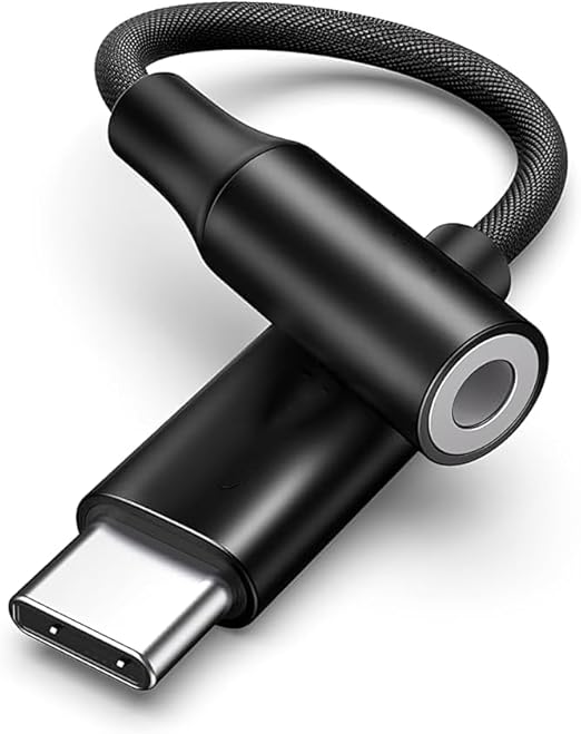 USB-C to 3.5mm audio adapter black nylon braided cable with aluminum alloy connector on white background