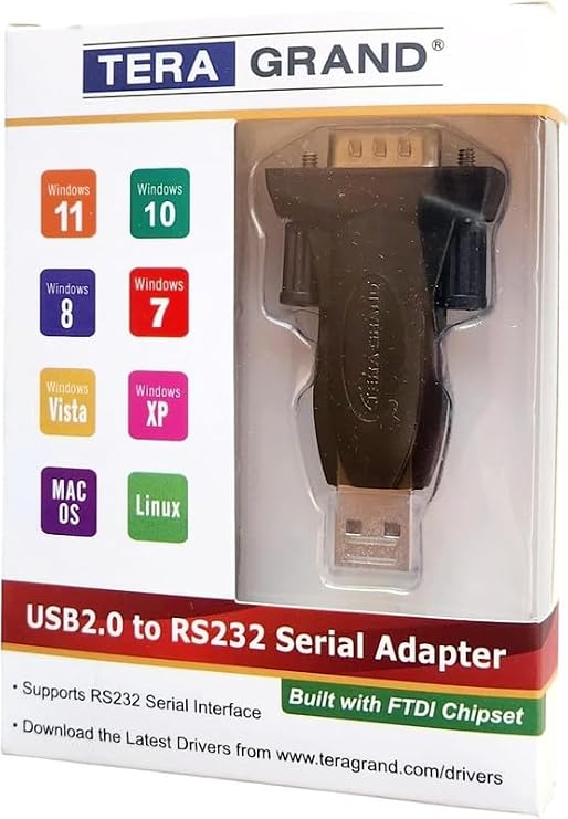 USB 2.0 to RS232 serial adapter packaging with FTDI chipset, compatible with Windows 11 10 8 7 Vista XP Mac and Linux
