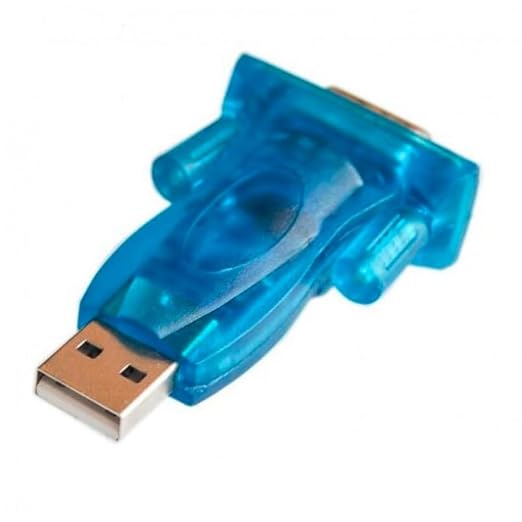 USB to RS232 serial DB9 adapter in blue, USB-A male connector view