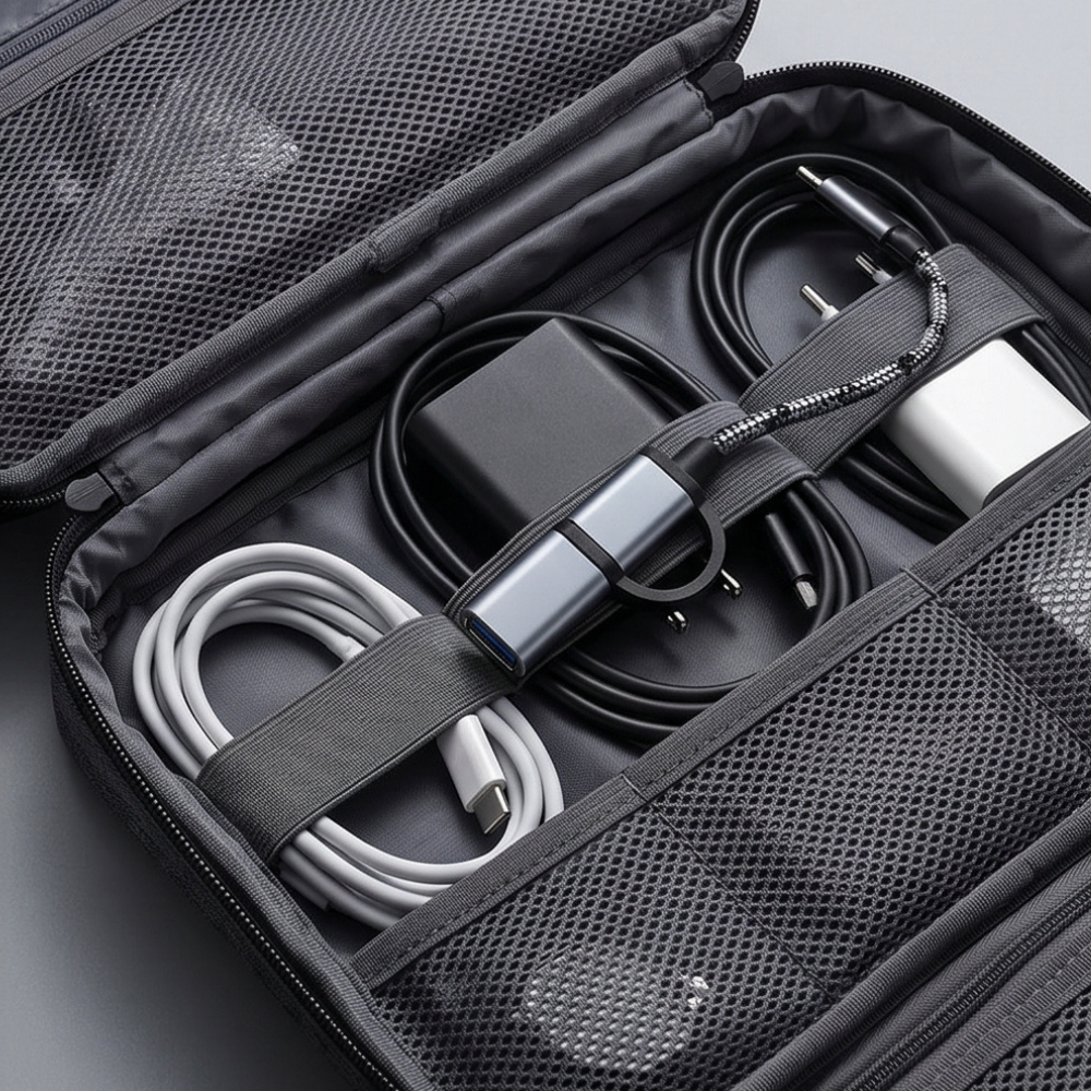 USB-C and Micro USB OTG adapter stored in a compact travel organizer case | GrunX