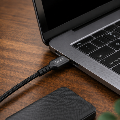 USB Type-C to Type-A braided cable plugged into a laptop on a wooden desk