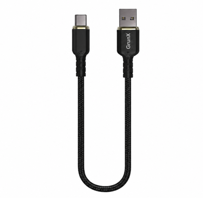 GrunX 25W Power Bank Charging Cable USB-A to USB-C braided nylon short cable with gold-accented connectors, black