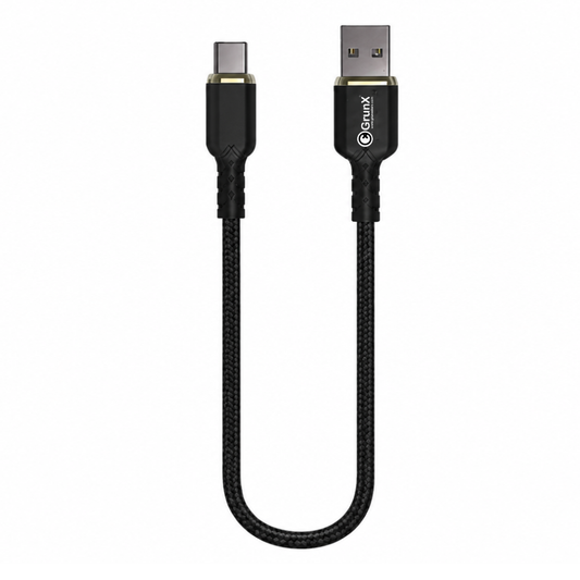 GrunX 25W Power Bank Charging Cable USB-A to USB-C braided nylon short cable with gold-accented connectors, black