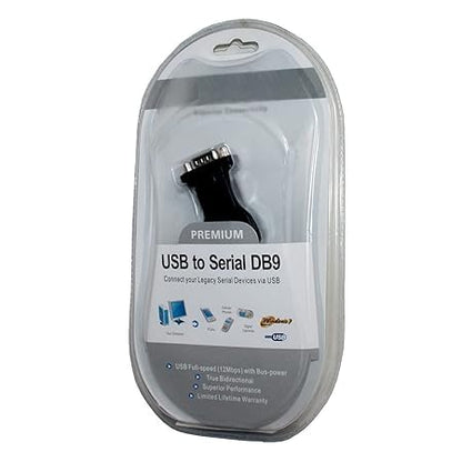 Premium USB to serial DB9 adapter retail packaging for connecting legacy serial devices