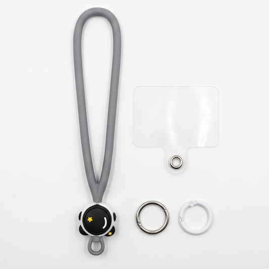 Grey silicone phone lanyard set with wrist strap, keyring, and adhesive connector pad
