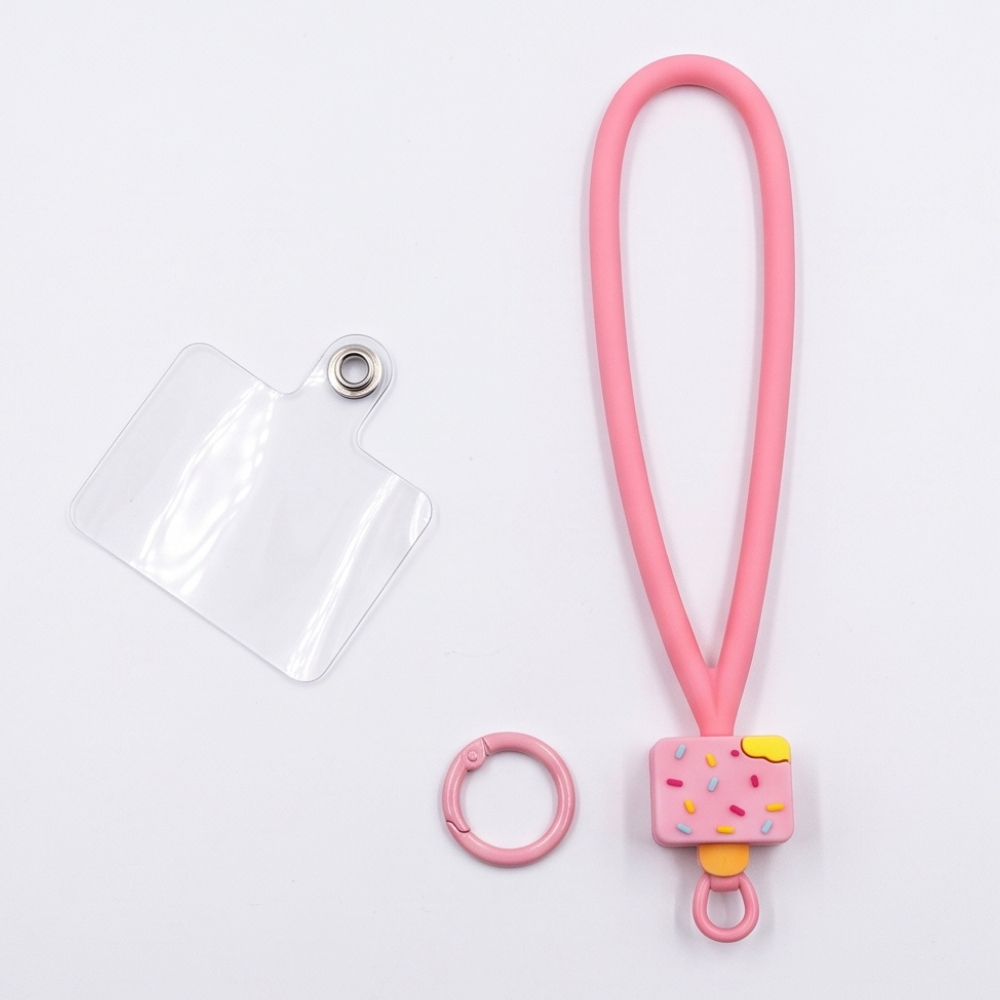 Pink ice cream popsicle phone lanyard set with silicone wrist strap and clip ring