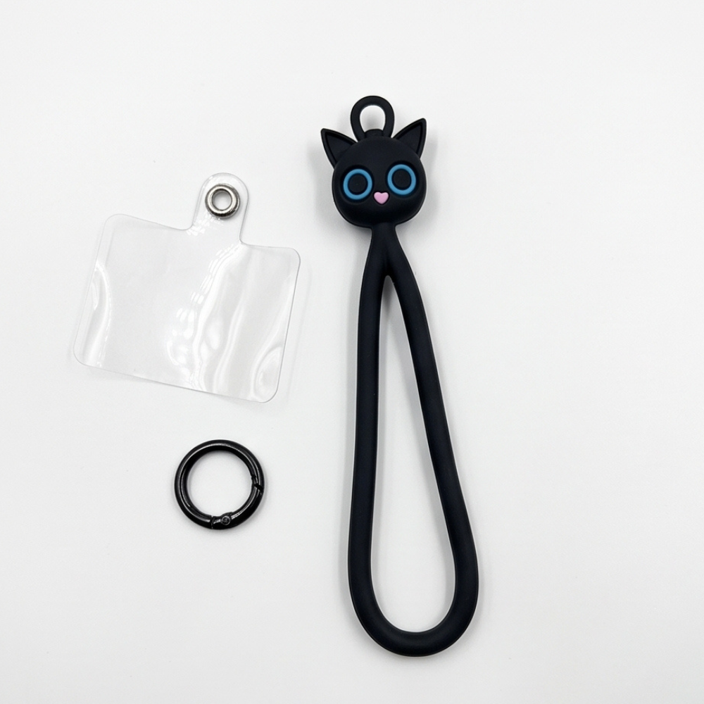 Black cat phone lanyard with silicone wrist strap, keyring, and adhesive card pad