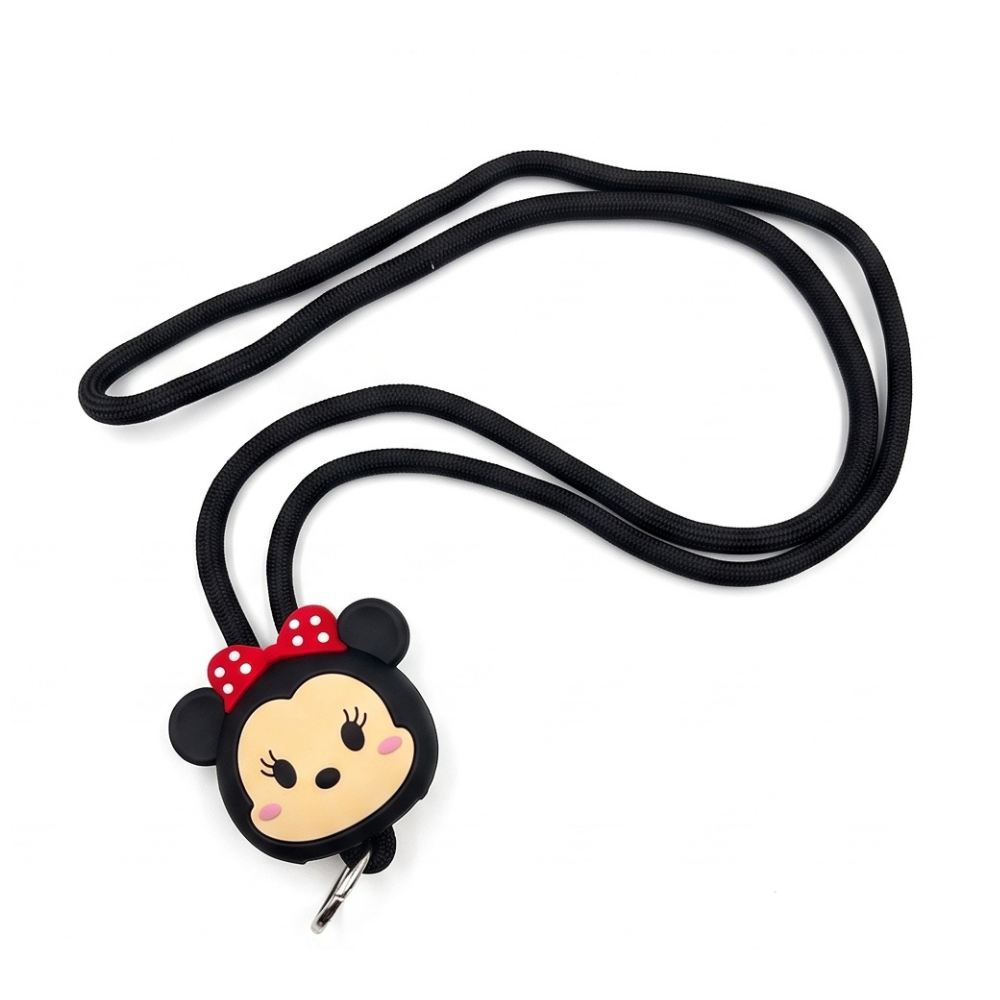 Universal phone lanyard with cartoon mouse character grip, black adjustable wrist strap