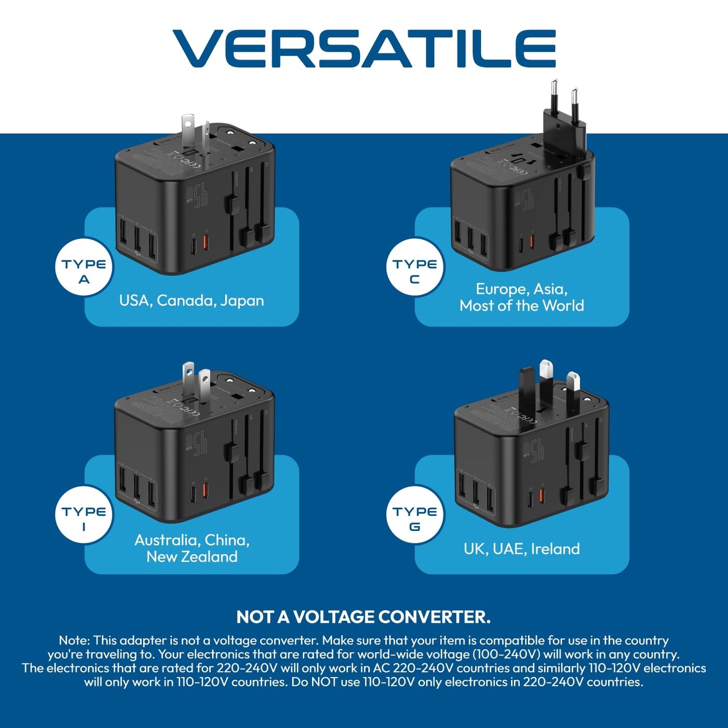45W universal travel adapter with Type A C I and G plugs for USA Canada Japan Europe Asia UK and Australia