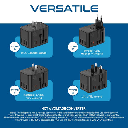 45W universal travel adapter with Type A C I and G plugs for USA Canada Japan Europe Asia UK and Australia