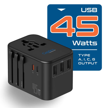 6-in-1 travel adapter with 45W USB output supporting Type A I C and G plugs