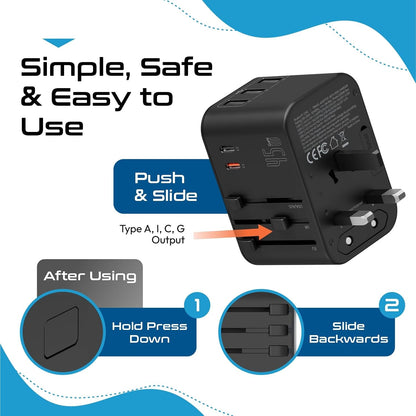 travel adapter push and slide plug mechanism showing how to extend and retract Type A I C G prongs