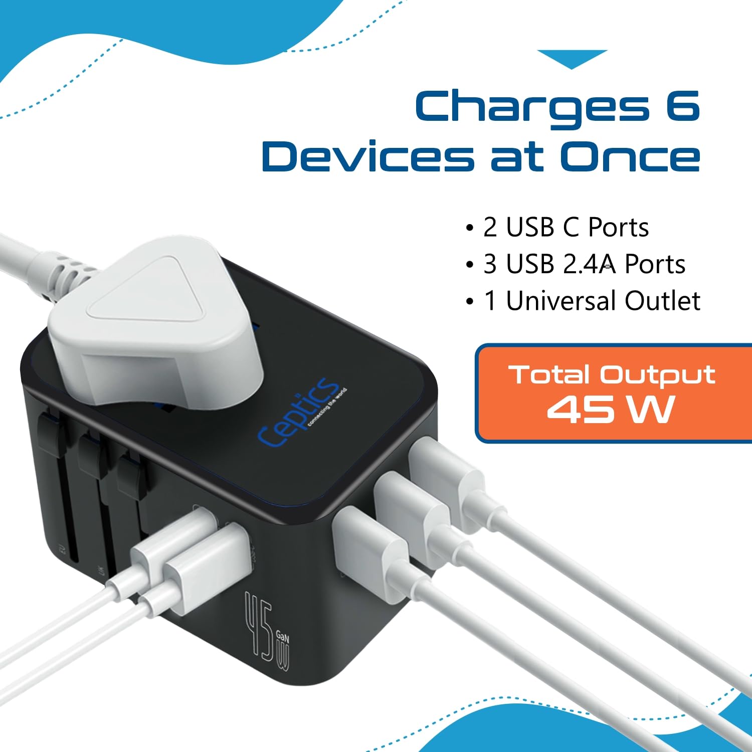 universal travel adapter charging six devices at once with USB C and USB A cables connected